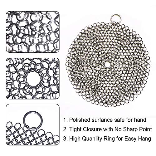 HOVhomeDEVP 316 Premium Stainless Steel Cast Iron Cleaner, Chainmail Scrubber for Cast Iron Pan Pre-Seasoned Pan Dutch Ovens Waffle Iron Pans Scraper Cast Iron Grill Scraper Skillet Scraper (7 InchR)